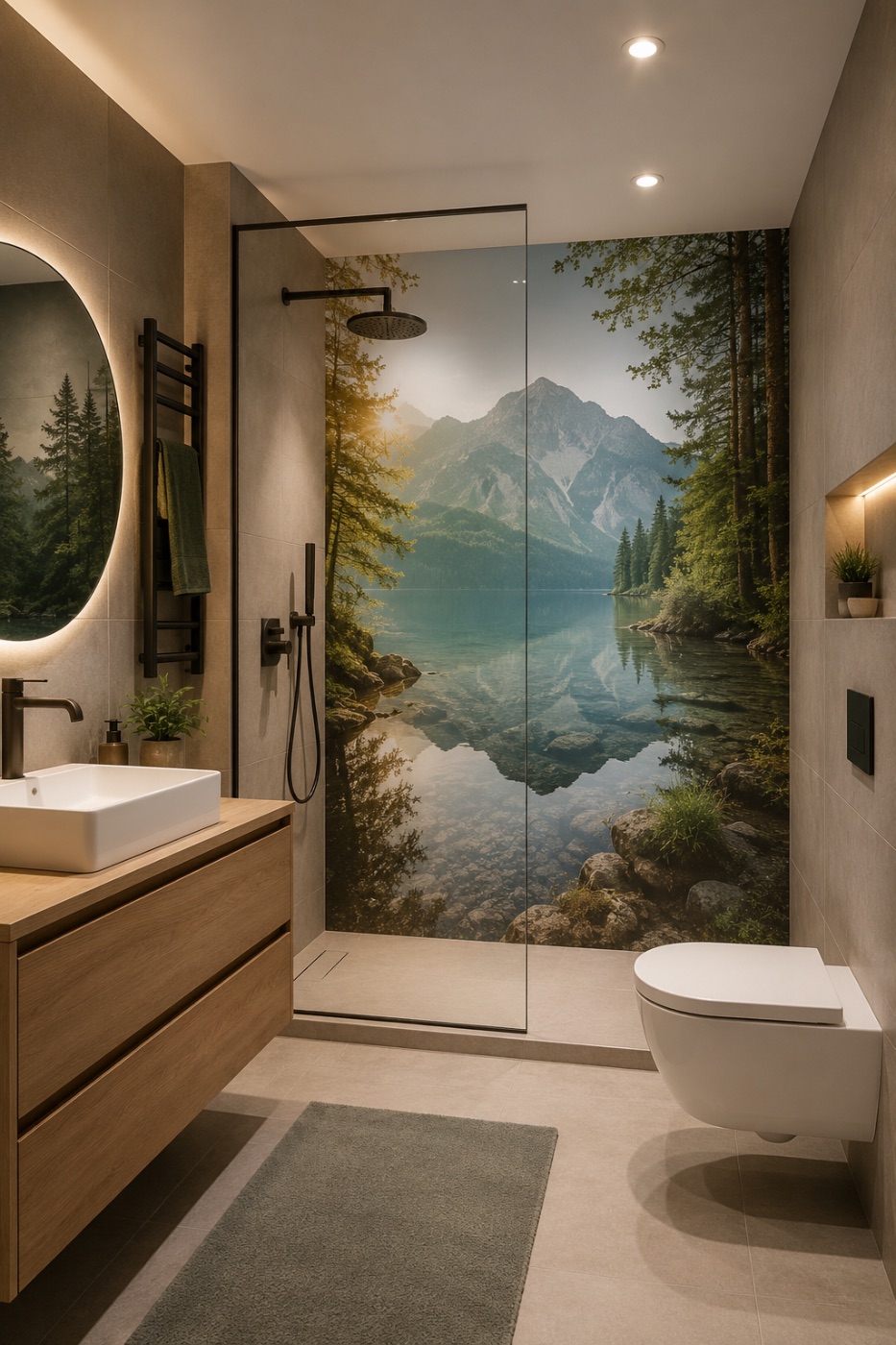 Modernes Bad mit Bergsee-Wandbild in der Dusche